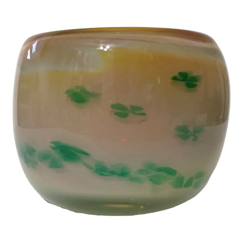 Hand Blown Studio Art Glass Votive Candle Holder Green Floral Tealight‎ Signed